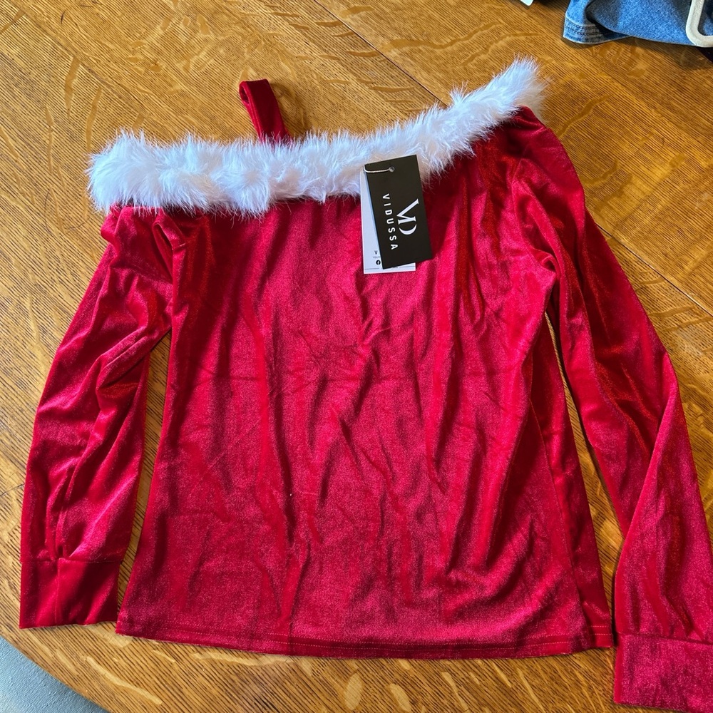 Red Velvet Off-Shoulder Top with White Fur Trim